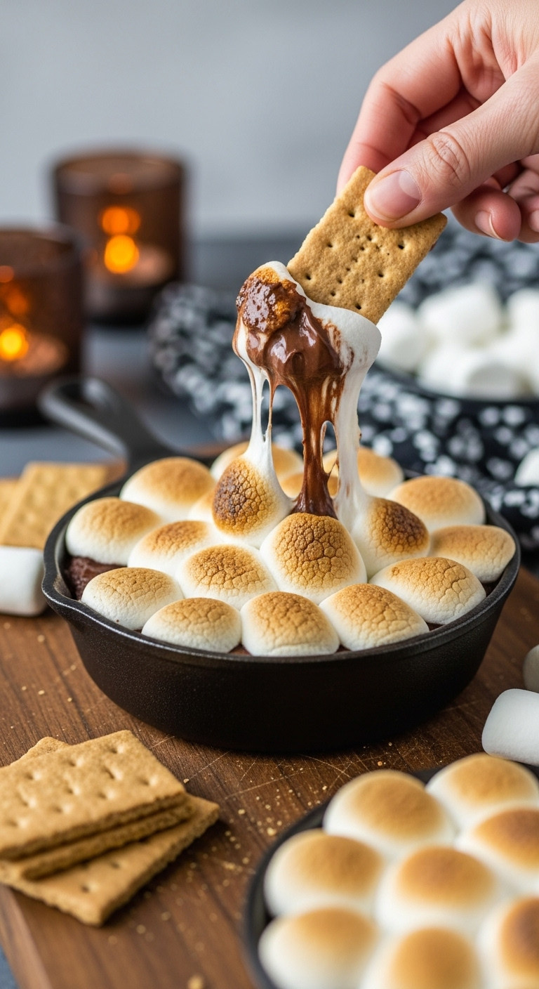 Ooey Gooey 3 Ingredient S'mores Dip With Toasted Marshmallows And Melted Chocolate In A Cast Iron Skillet