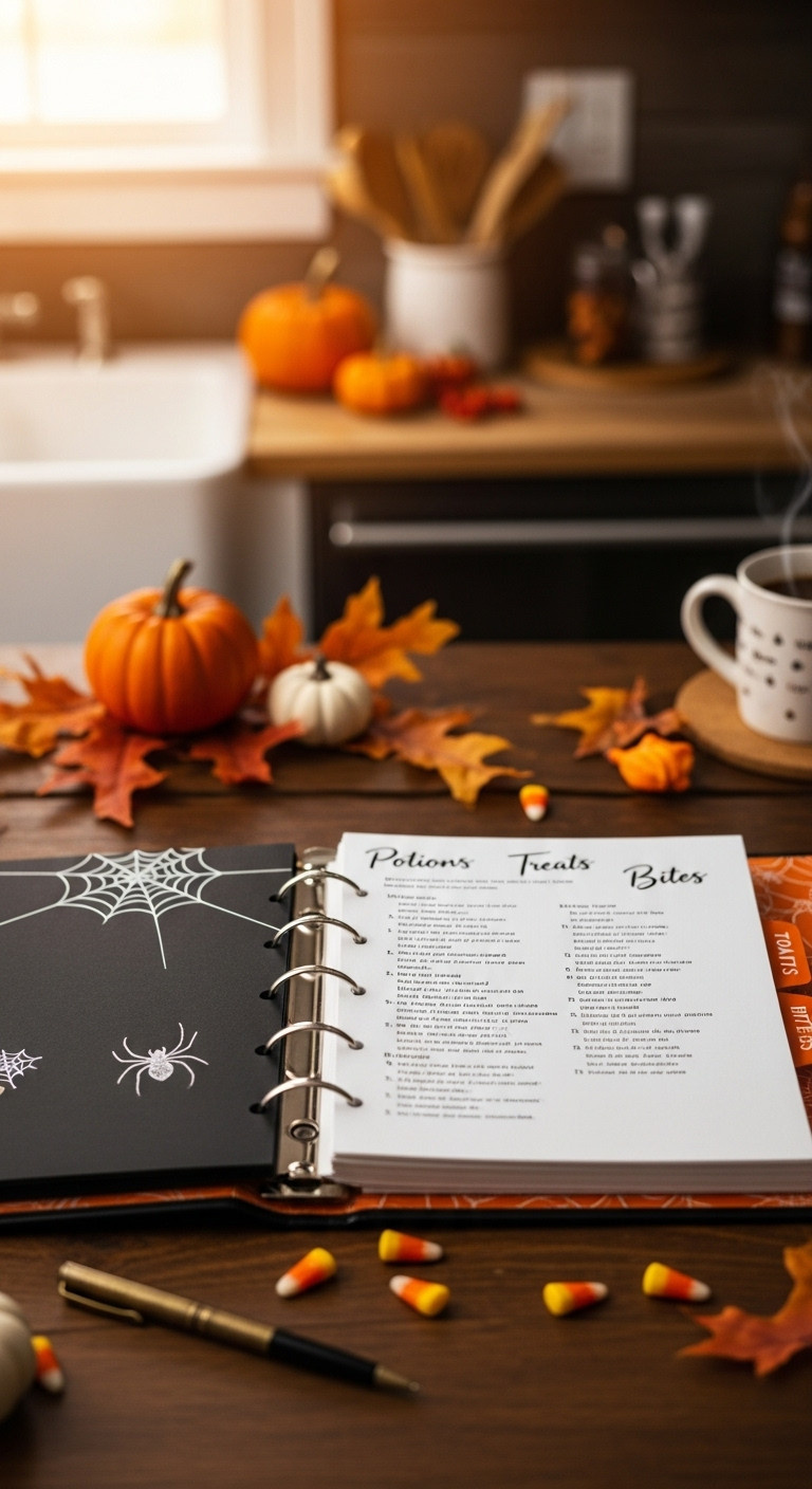 Open Diy Halloween Recipe Binder With Spiderweb Design Handwritten Recipe Pages Tabbed Dividers And Autumn Decorations Perfect For Spooky Ideas