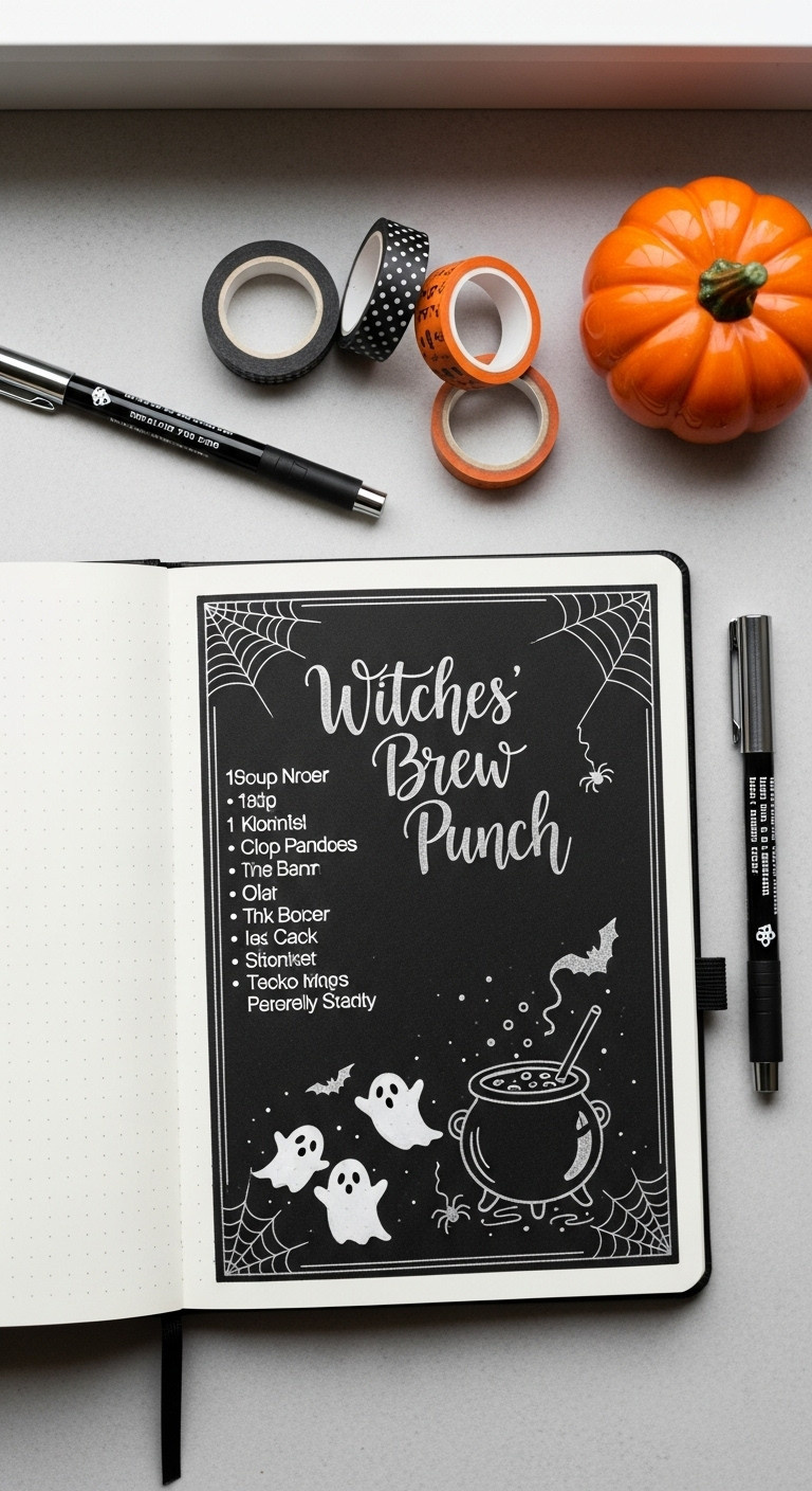 Open Halloween Themed Bullet Journal With Witches Brew Punch Recipe Silver Ink Spiderwebs And Ghost Doodles Perfect For Spooky Ideas