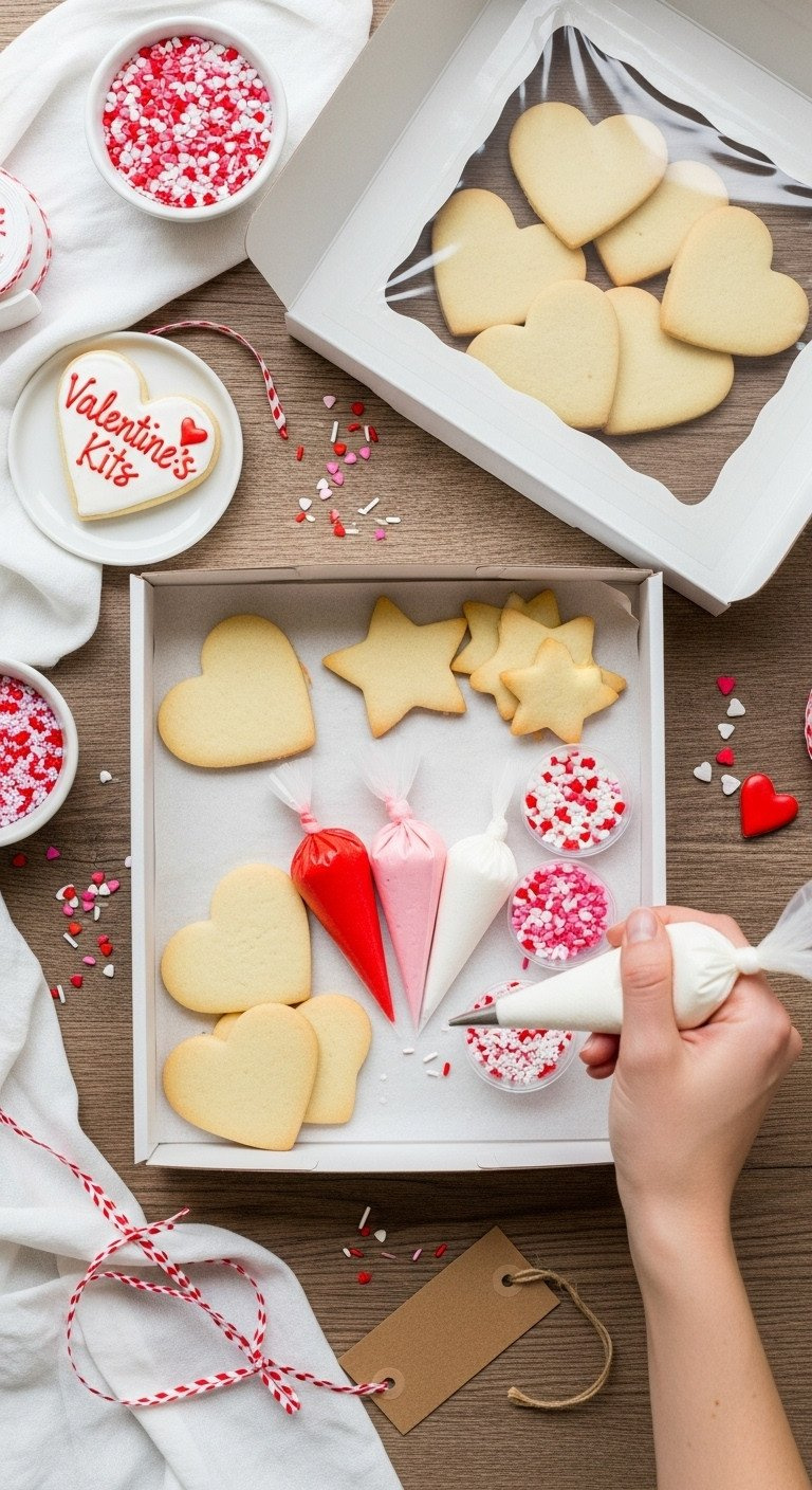 Open Valentine's Cookie Kit With Heart And Star Sugar Cookies, Red, Pink, White Icing Bags, And Festive Sprinkles.