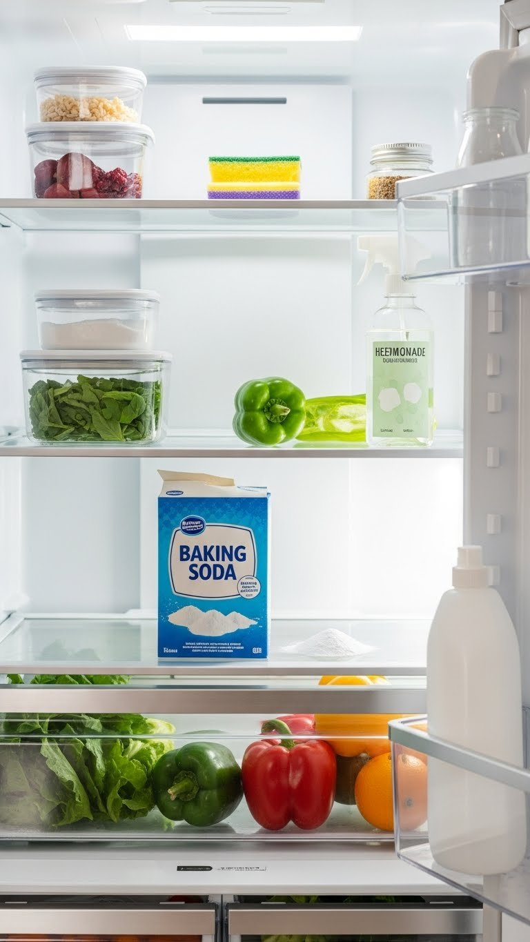 Open Baking Soda Box Placed Inside Clean Organized Refrigerator Among Fresh Fruits And Vegetables As Odor Absorber.