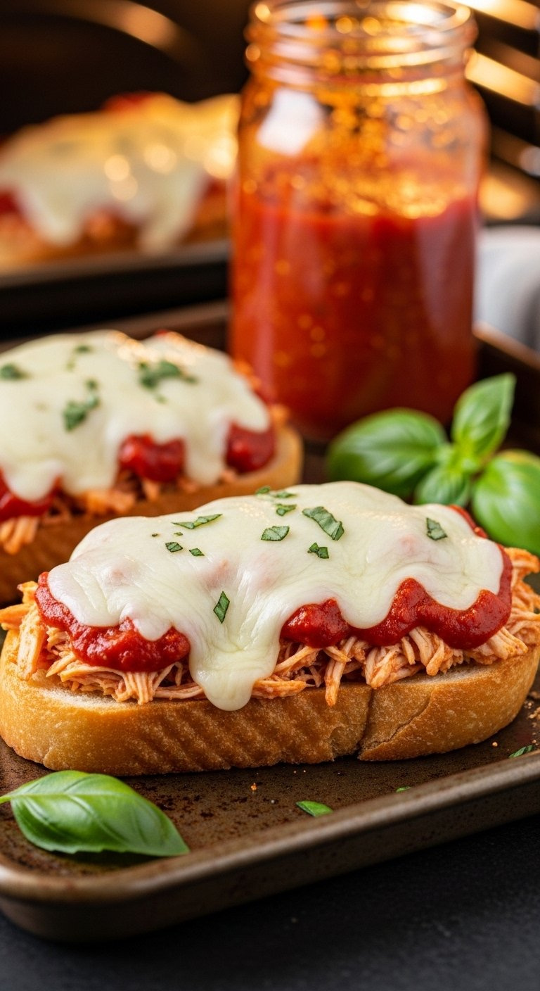 Open-Faced Garlic Bread Chicken Melt Topped With Marinara Sauce And Melted Mozzarella Cheese.
