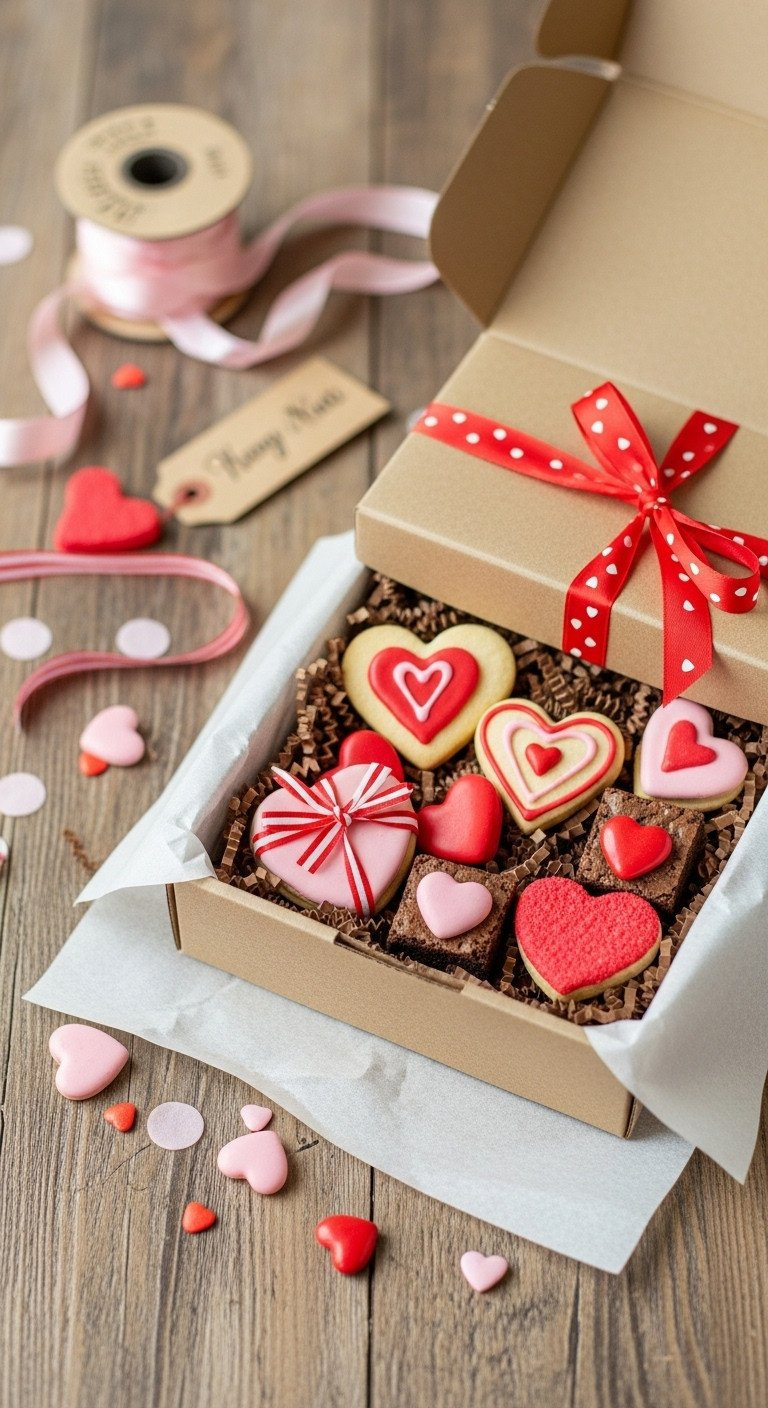 Open Kraft Gift Box Filled With Assorted Heart-Shaped Cookies, Candies, And Brownies In Pink And Red Designs.