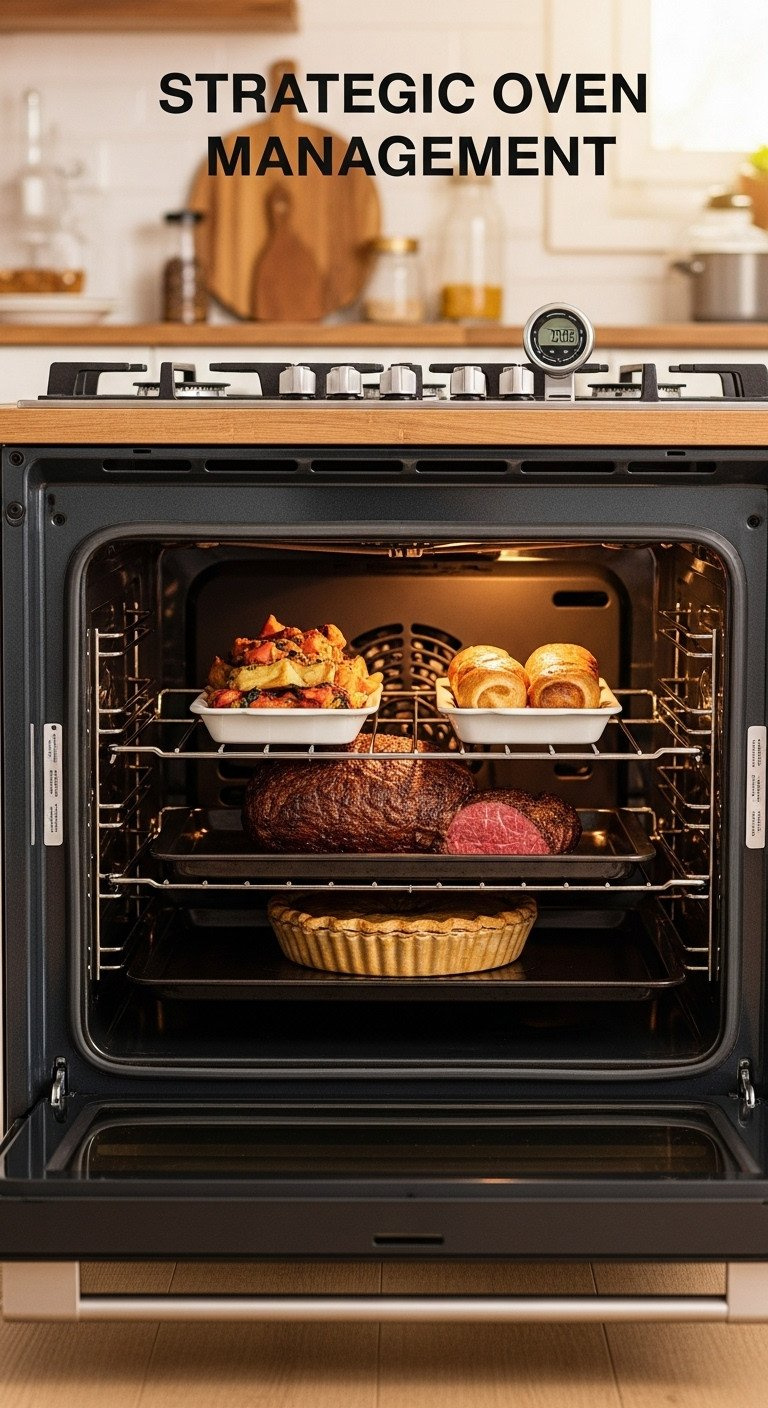 Open Oven Interior Showing Strategic Dish Placement On Three Racks For Optimal Temperature And Space Utilization.