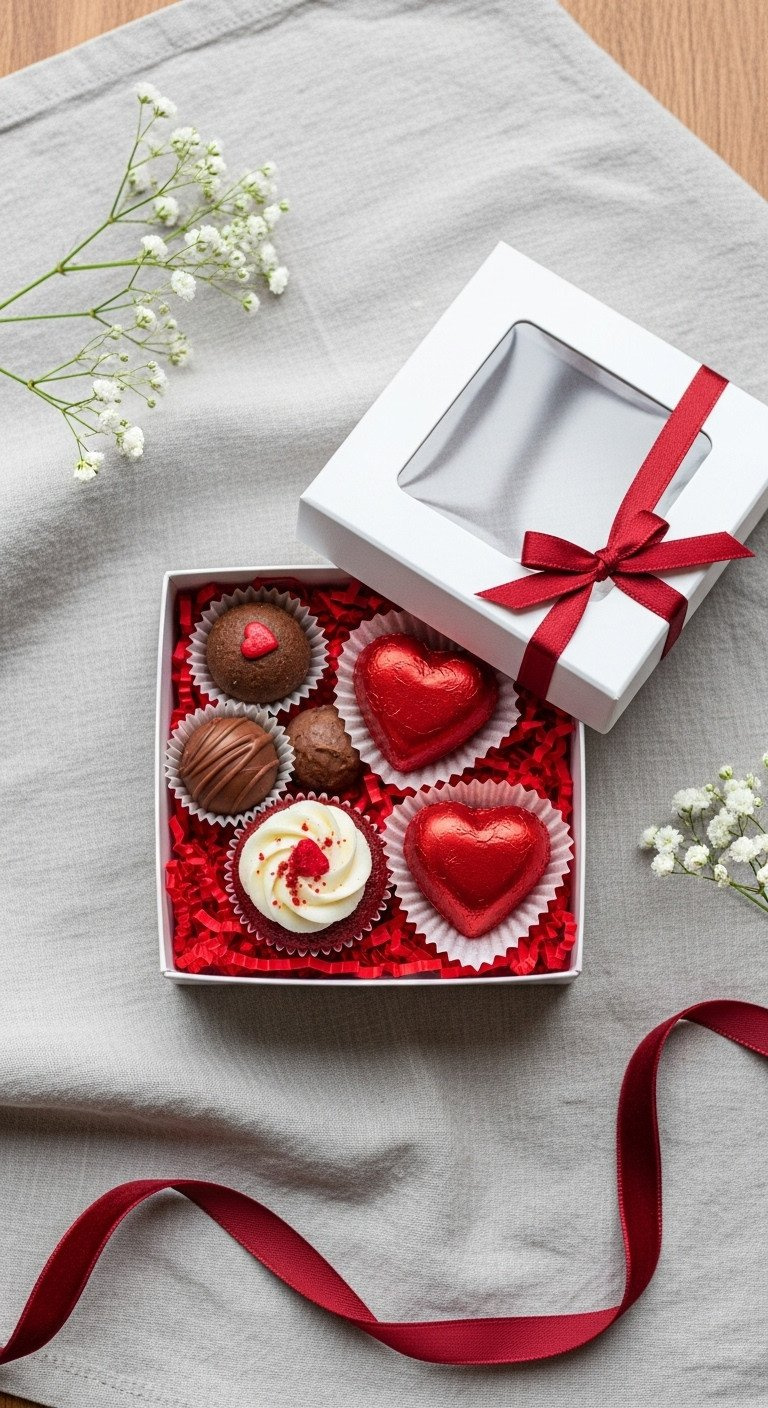 Open White Valentine's Dessert Box With Chocolate Truffles, Red Velvet Cupcake, Foiled Hearts On Gray Linen, Flat Lay.