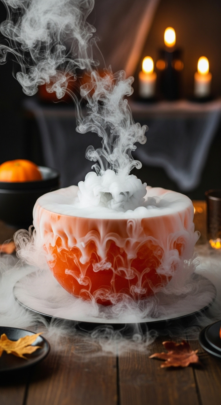 Orange Halloween Punch With Dramatic Swirling Dry Ice Fog, Autumn Leaves On Dark Table. Spooky Non-Alcoholic Party Drink.