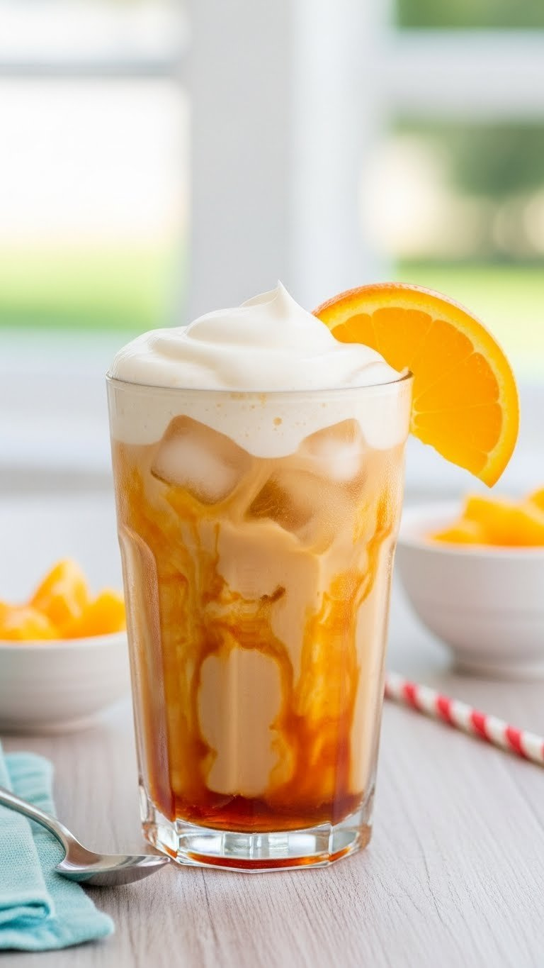 Orange Creamsicle Dr Pepper With Vibrant Orange Syrup Swirl And Creamy Vanilla Foam Topping