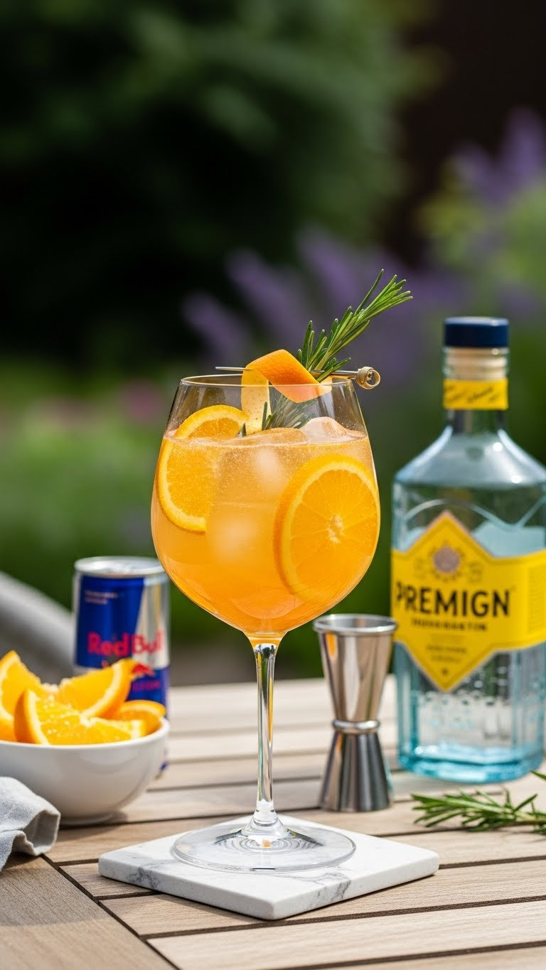 Orange Gin Spritzer With Orange Peel Twist And Rosemary Garnish On Outdoor Garden Table Setting