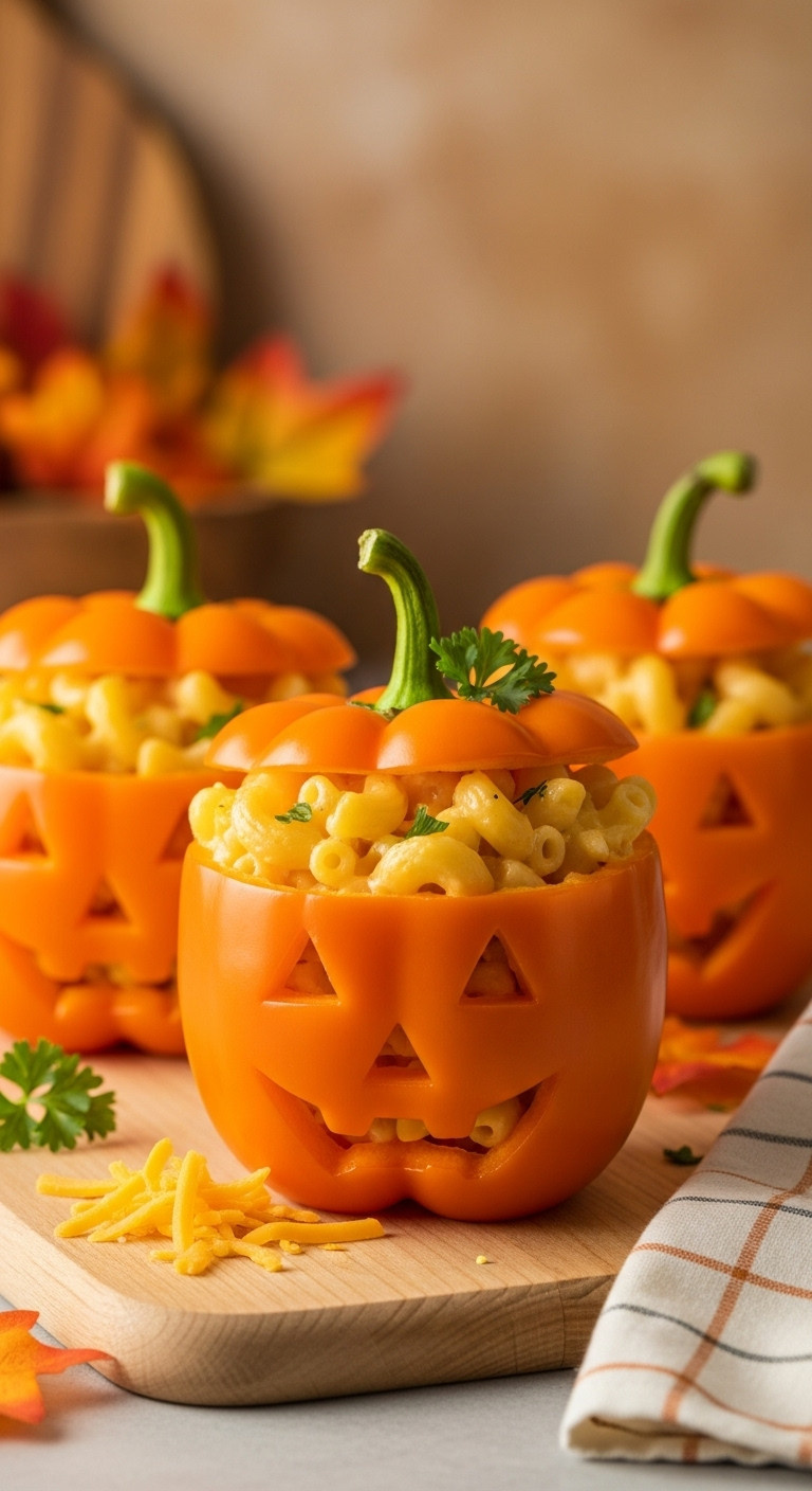 Orange Jack-O'-Lantern Bell Peppers Overflowing With Creamy Macaroni And Cheese On A Wooden Board, Cozy Halloween Meal.