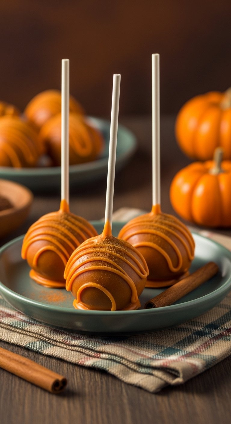 Orange Pumpkin Spice Cake Pop Dusted With Cinnamon On A Rustic Dark Wood Surface With Autumn Decor.
