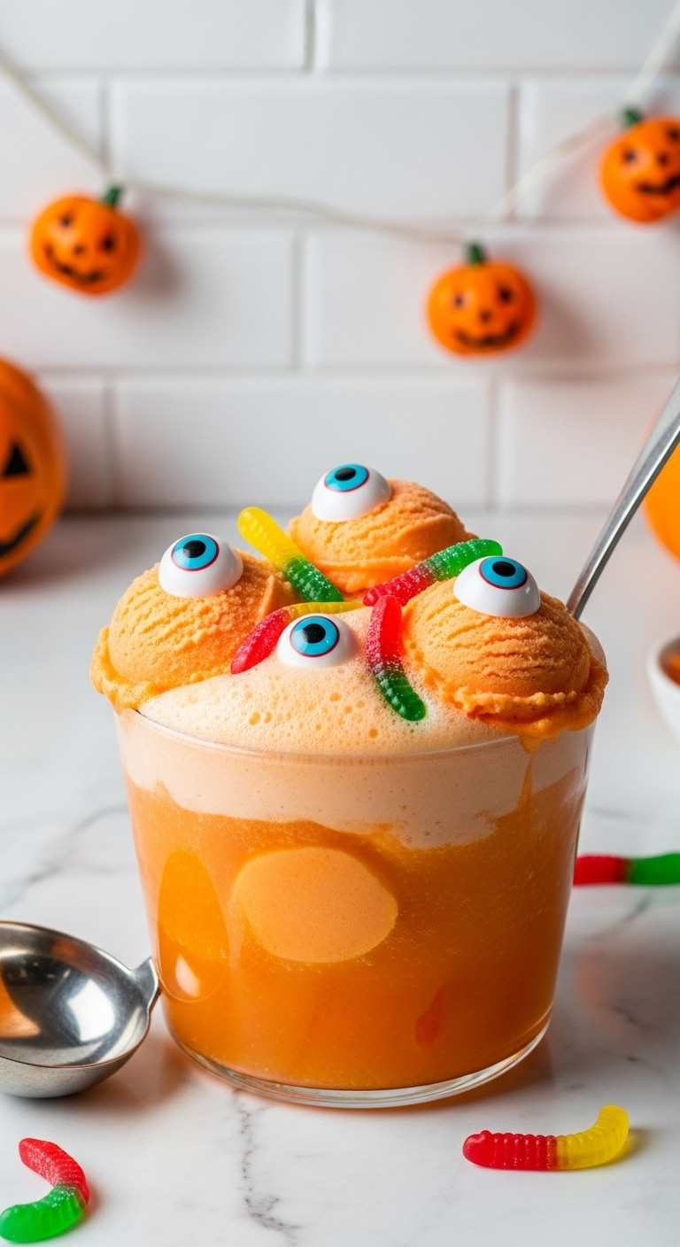Orange Sherbet Halloween Punch With Plastic Eyeballs And Gummy Worms In A Glass Bowl On A Marble Countertop