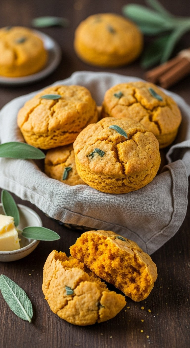 Orange Sweet Potato Biscuits With Sage In Basket, One Broken, Moist Crumb. Served With Maple Butter &Amp; Fresh Sage.