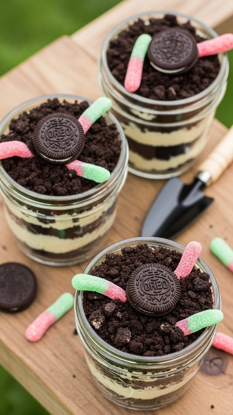 Oreo Dirt Cake With Gummy Worms In Glass Pot, Dark Layers &Amp; Cream Filling On Rustic Wood. Fun Kid-Friendly Dessert.
