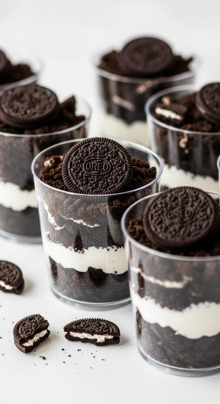 Oreo Graveyard Dirt Cups: Layers Of Crushed Oreos, Pudding, Gummy Worms, And Tombstone Cookies In Clear Glasses.