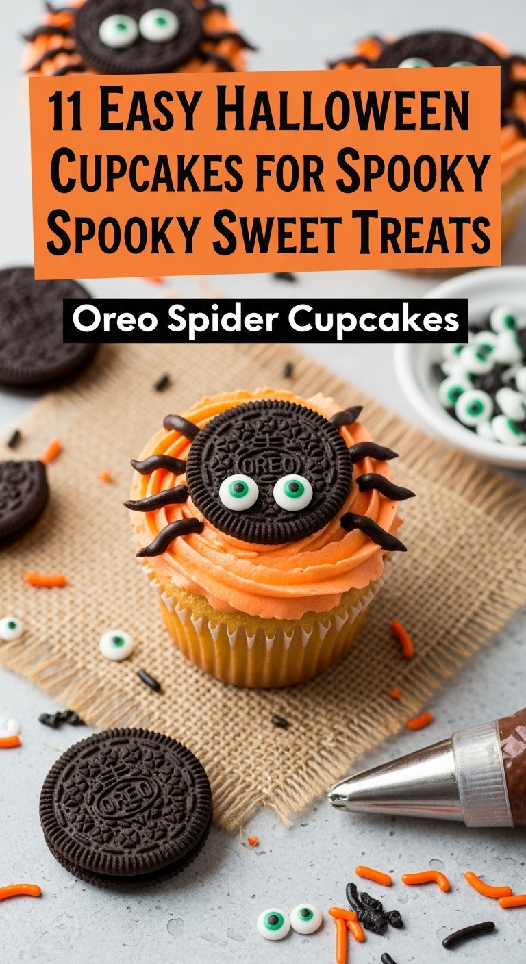 Oreo Spider Cupcakes With Orange Frosting On A Burlap Surface With Sprinkles And Mini Oreos In Bright Daylight