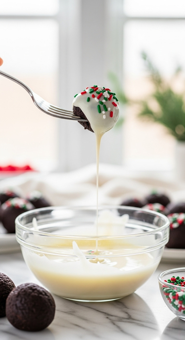 Oreo Truffle Ball Being Dipped In Melted White Chocolate, Red &Amp; Green Sprinkles Falling On Top. Holiday Dessert Recipe.