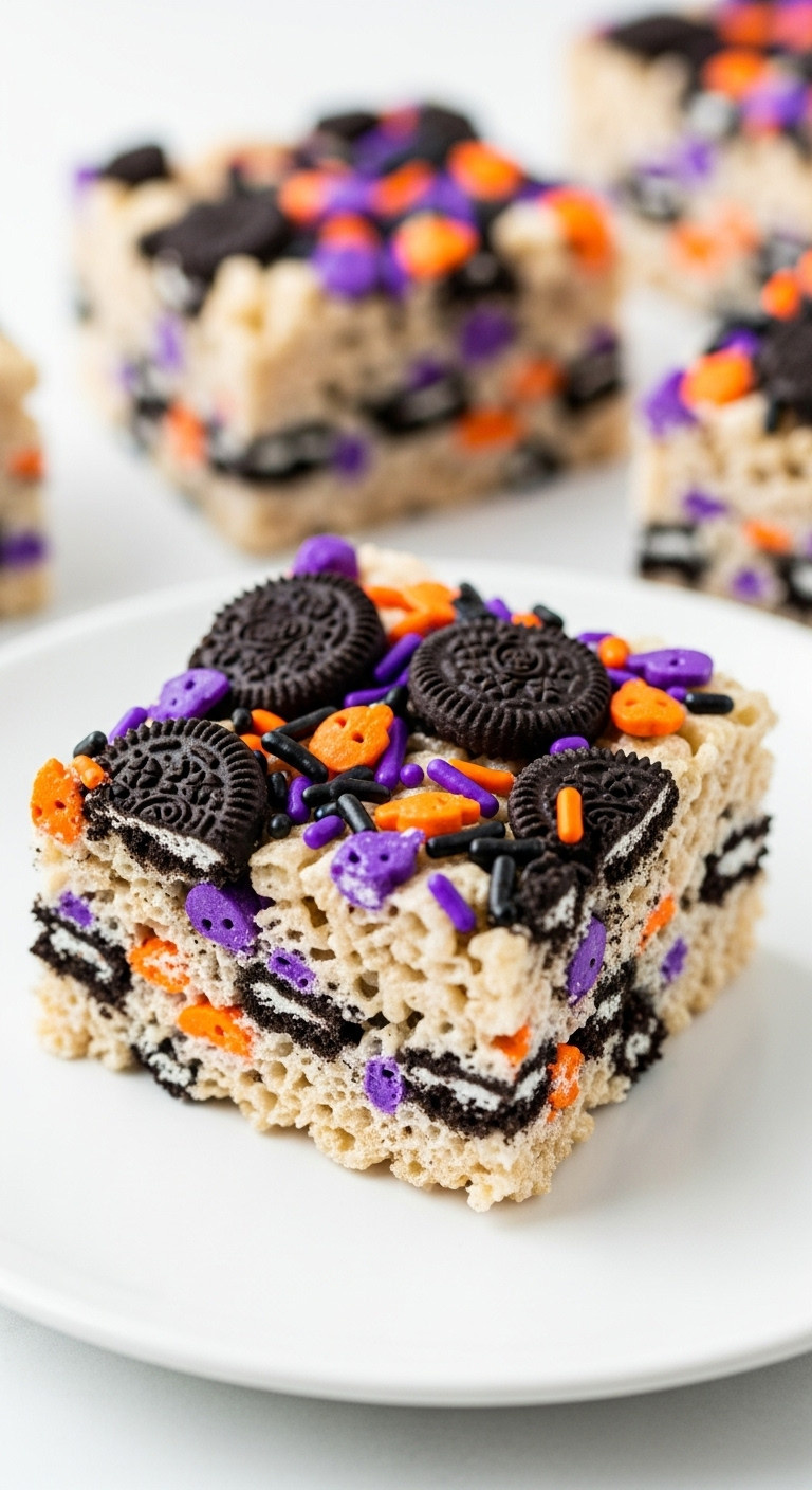 Oreo And Sprinkle Halloween Rice Krispie Treat Square With Black Flecks And Vibrant Sprinkles