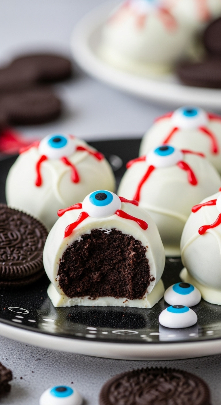 Oreo Eyeball Truffles With White Chocolate Candy Eyeball And Red Gel Icing Veins On A Festive Halloween Plate
