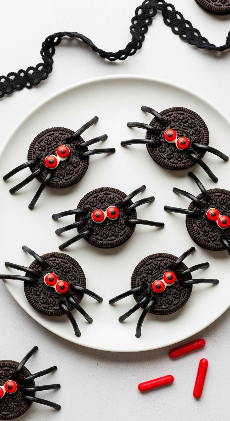 Oreo Spider Cookies With Licorice Legs And Red Hot Candy Eyes On A White Plate