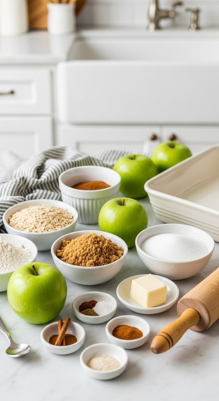 Organized Apple Crisp Baking Ingredients Flat Lay On Marble Counter: Granny Smith Apples, Flour, Oats, Sugars, Cinnamon, Butter.