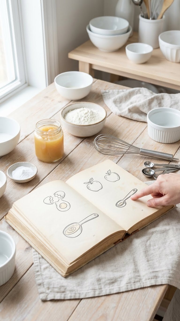 Organized Baking Station With Applesauce, Flour, Recipe Book; Troubleshooting Egg Replacement In Baking.