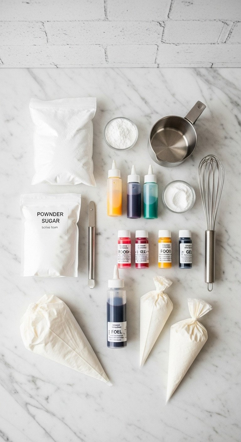 Organized Cookie Decorating Mise En Place: Powdered Sugar, Gel Colors, Piping Bags, Scribe Tool On A Clean Marble Countertop.