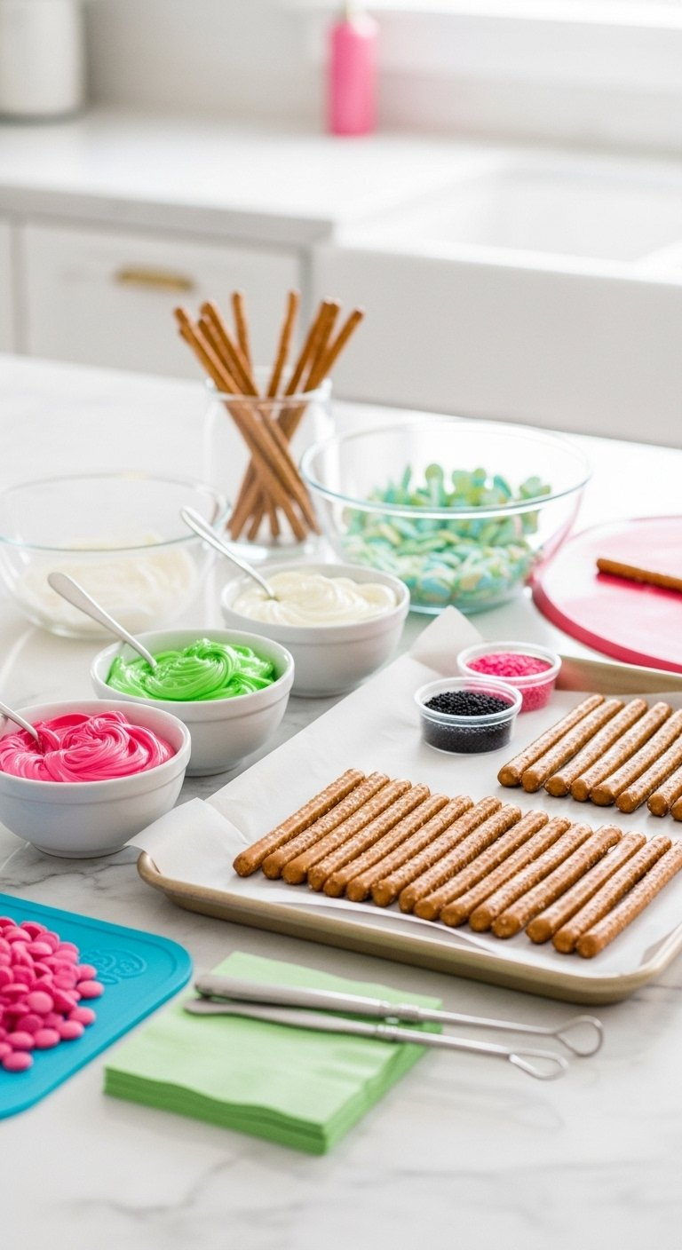 Organized Dipping Workstation With Pink And Green Candy Melts, Pretzel Rods, And Sprinkles On Marble.