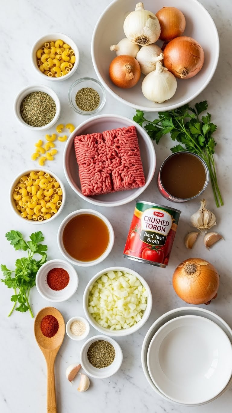 Organized Flat Lay Of Fresh Instant Pot Goulash Ingredients Including Ground Beef, Macaroni, Tomatoes, Herbs, Onion, And Garlic On A Marble Countertop.