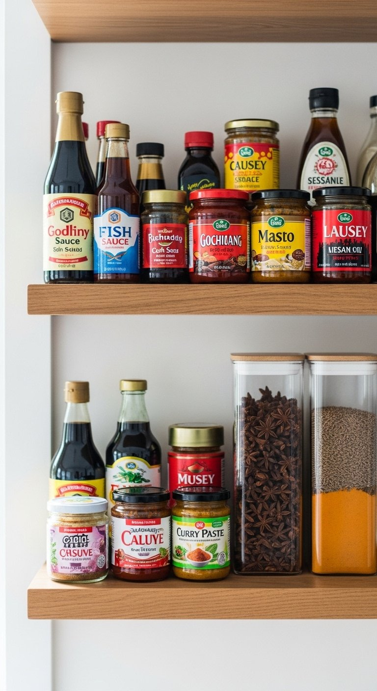 Organized Global Pantry Shelves Featuring Soy Sauce Miso Paste Jars And Colorful Spices On Natural Wood.