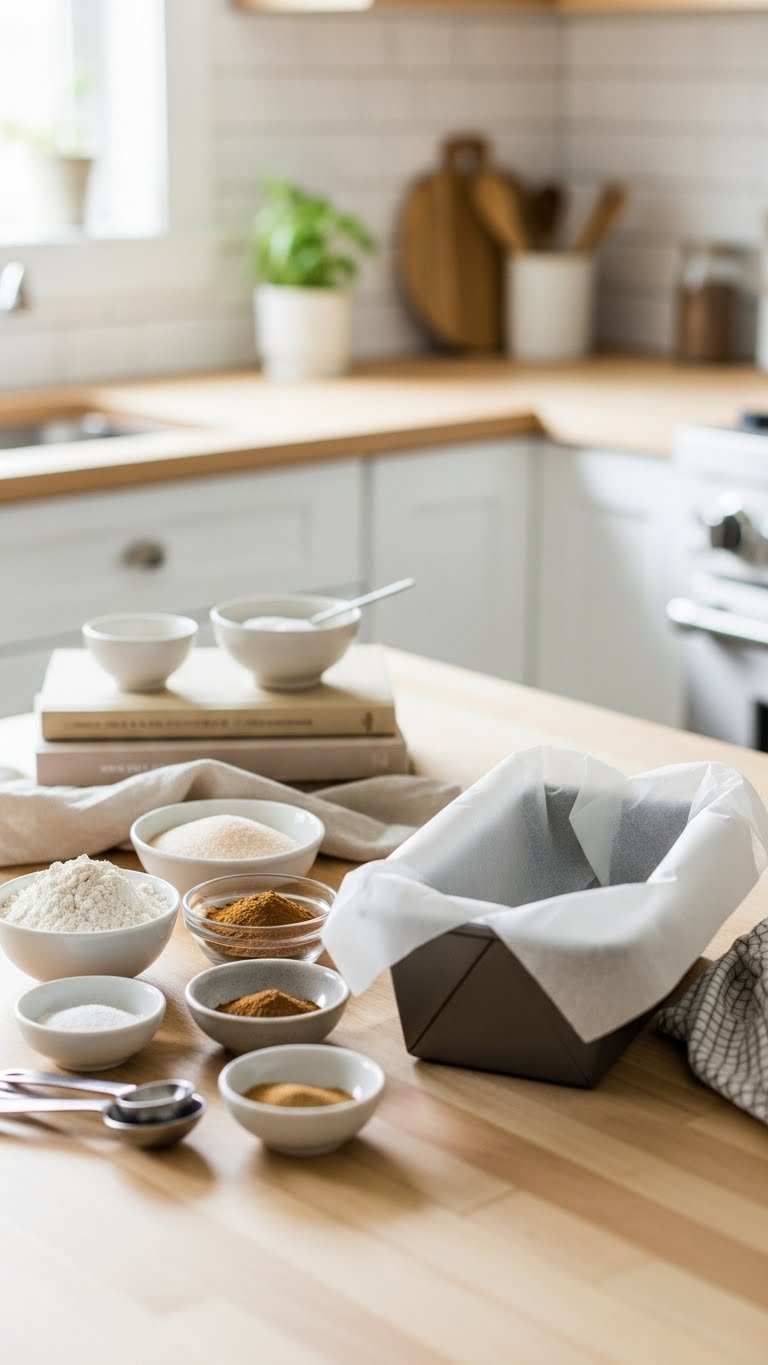 Organized Kitchen Counter With Measured Baking Ingredients In Bowls Next To Prepared Loaf Pan Ready For Vegan Zucchini Bread Preparation