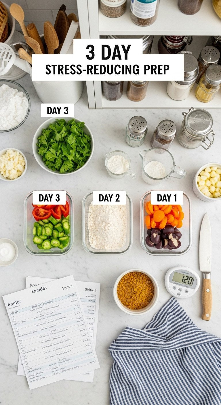 Organized Kitchen Countertop Shows A 3-Day Stress-Reducing Prep Timeline With Labeled Ingredients In Clear Glass Containers.