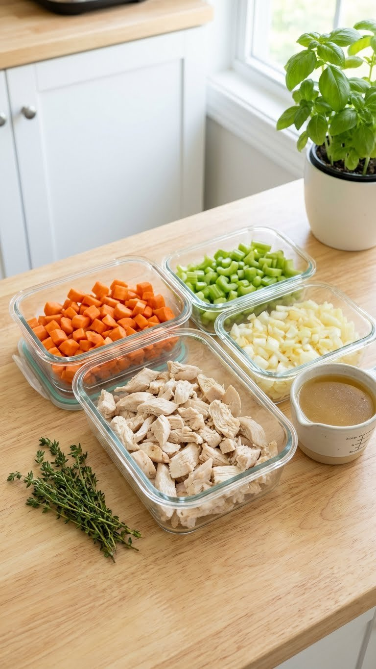 Organized Meal Prep Containers Hold Pre-Chopped Vegetables And Shredded Chicken For Instant Pot Chicken Noodle Soup.
