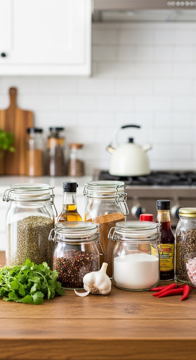 Organized Pantry Shelf With Clear Glass Jars Filled With Colorful Spices, Grains, And Fresh Herbs On Rustic Wood.