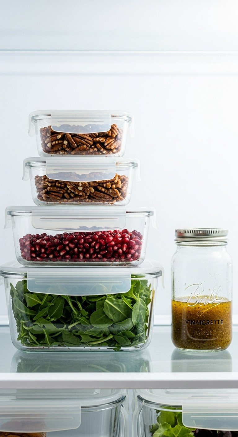 Organized Refrigerator Shelf With Clear Glass Containers For Meal Prep: Pecans, Pomegranate, Greens, Vinaigrette.