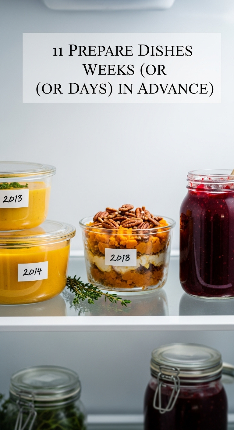 Organized Refrigerator Shelf With Make Ahead Christmas Side Dishes Like Butternut Squash Soup Sweet Potato Casserole And Cranberry Sauce