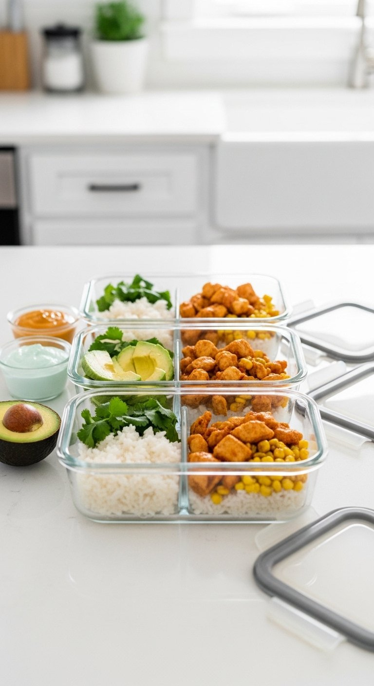 Organized Row Of Glass Meal Prep Containers Packed With Chicken Rice And Street Corn.