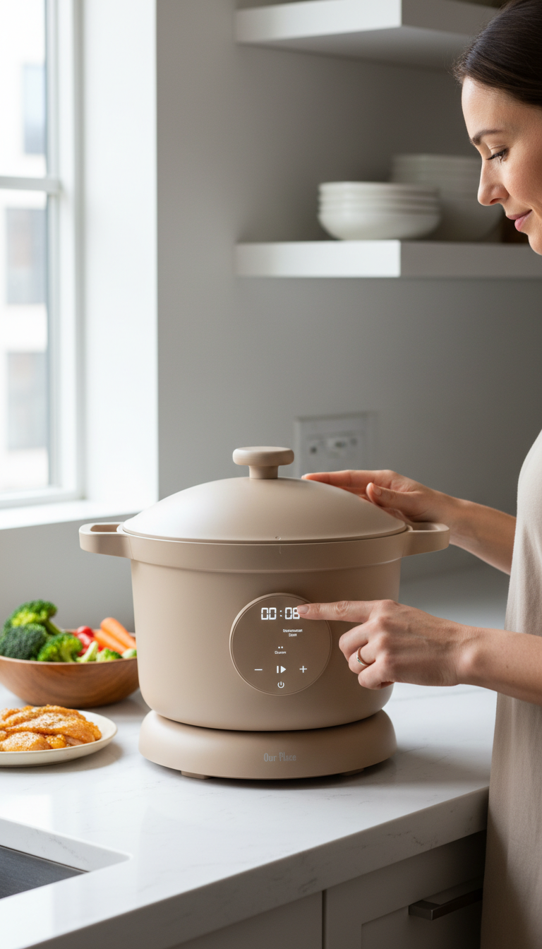 A Photo Showing The Our Place Dream Cooker On A Kitchen Counter Next To Ingredients For A Stew, With A Notepad Visible.