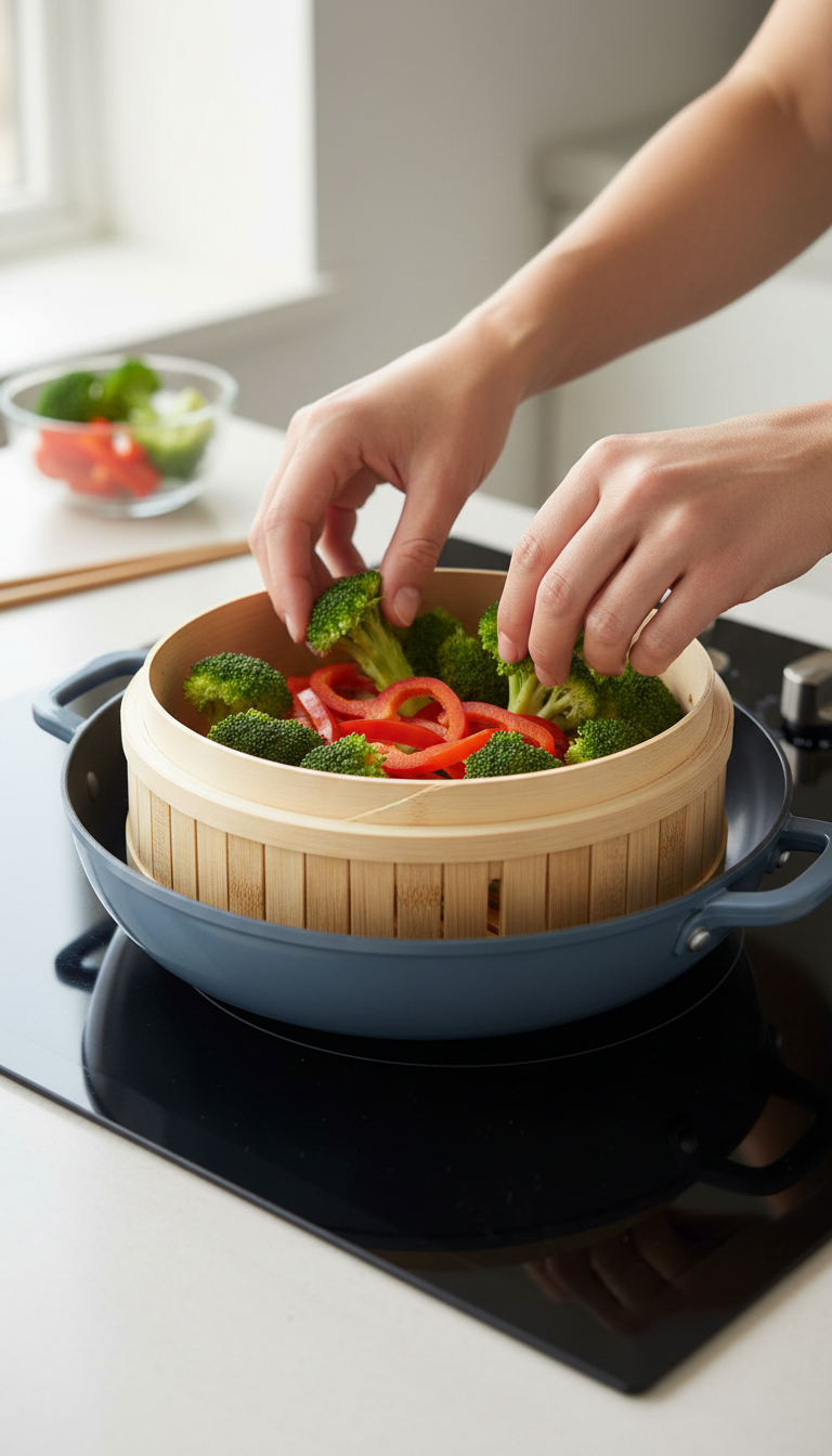A Photo Of The Our Place Spruce Steamer Inside An Always Pan On A Stovetop, With Uncooked Broccoli Next To It