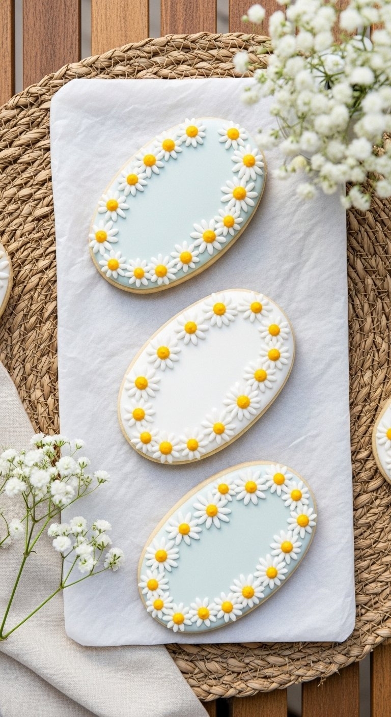 Oval Sugar Cookie Decorated With Whimsical White Daisy Chain Border On Rustic Wooden Table.