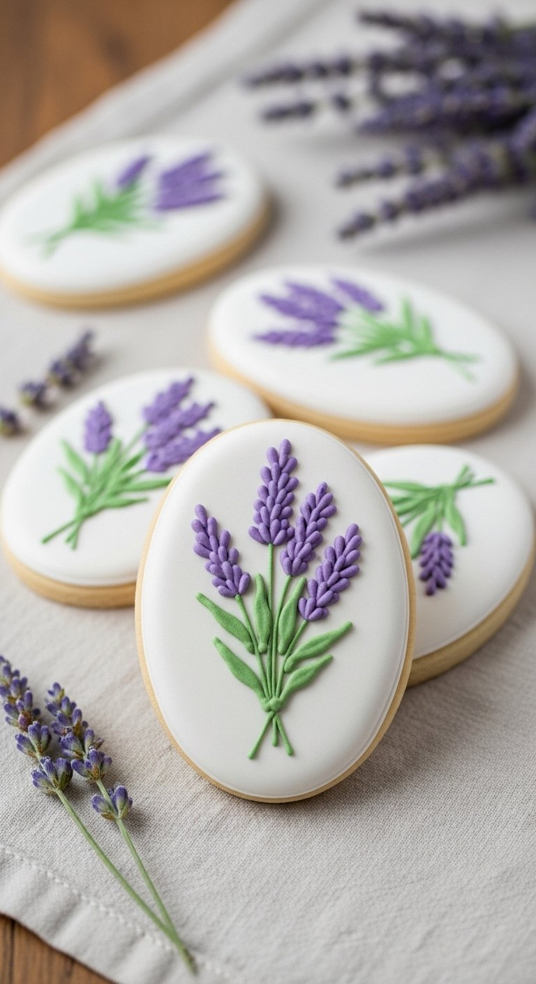 Oval Sugar Cookie Featuring Textured Purple Lavender Florets And Green Leaves On Linen Tablecloth.