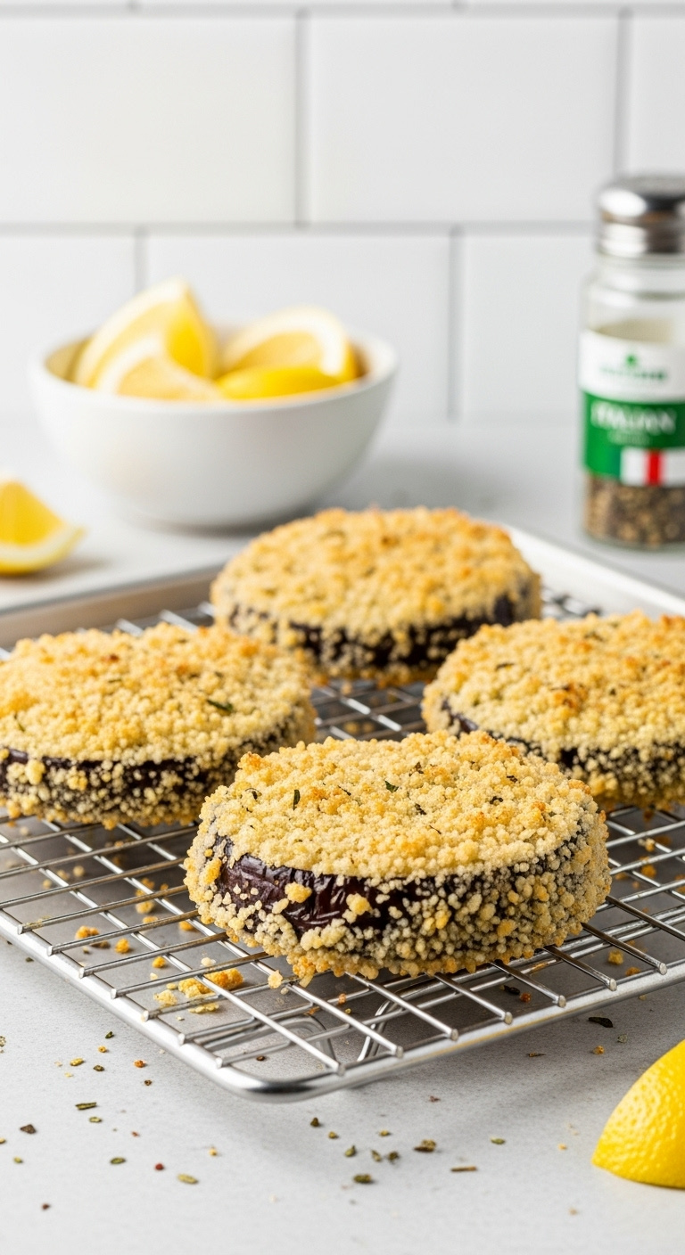 Oven Fried Crispy Eggplant Rounds On A Wire Rack With Lemon Wedges And Italian Seasoning In A Clean Kitchen