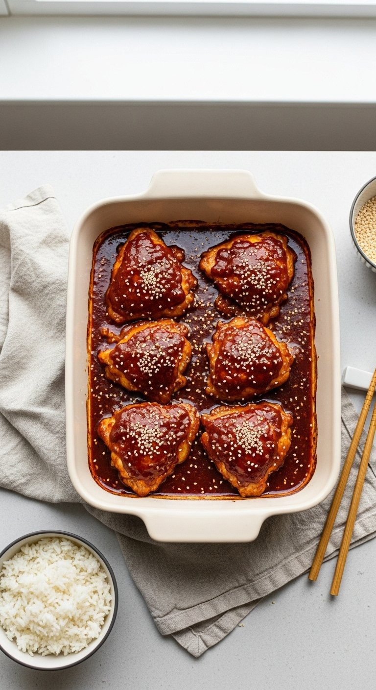 Oven-Baked Korean Bbq Chicken Thighs In A White Dish Garnished With Sesame Seeds And Served With Rice.