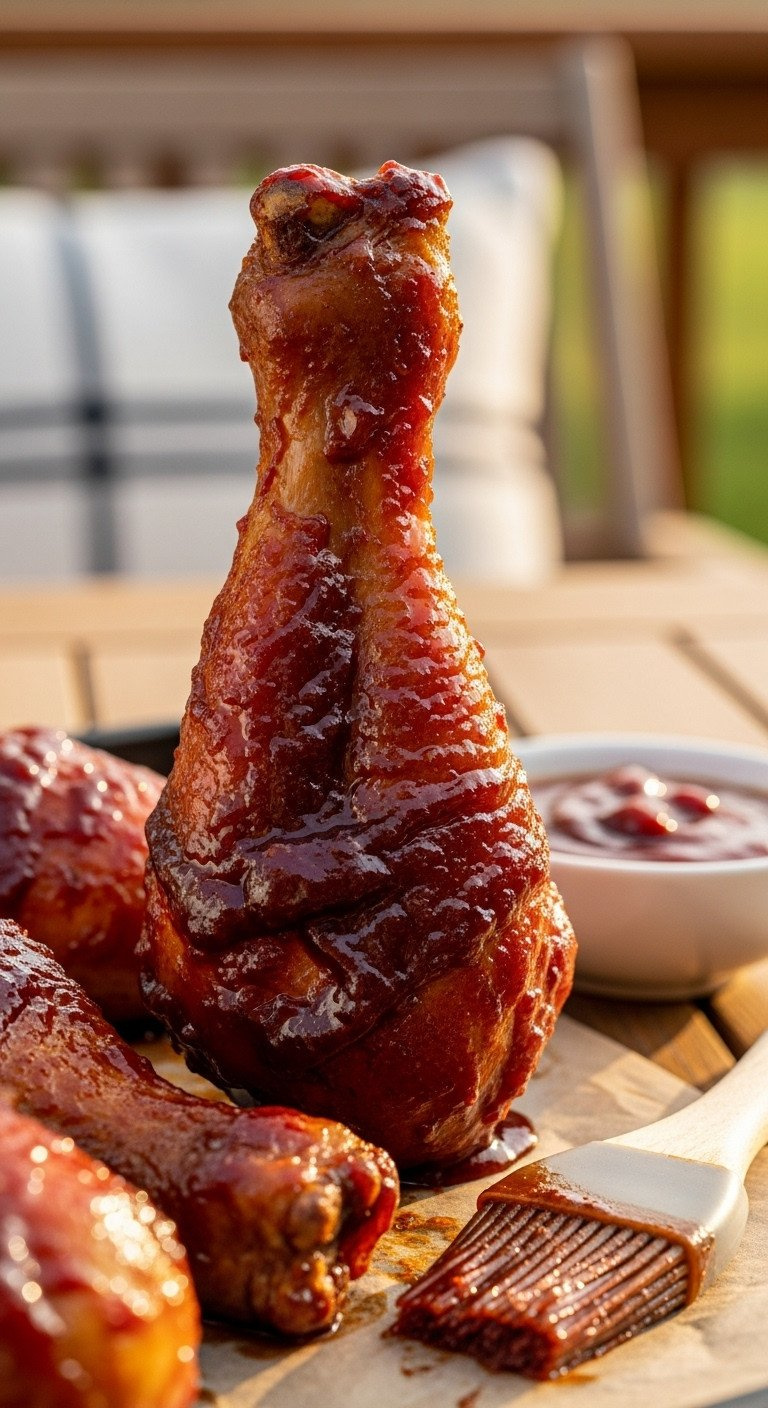 Oven-Baked Chicken Drumsticks, Glossy, Caramelized Bbq Glaze. Dark Red Sauce, Bowl, Brush. Rustic Table, Golden Light.