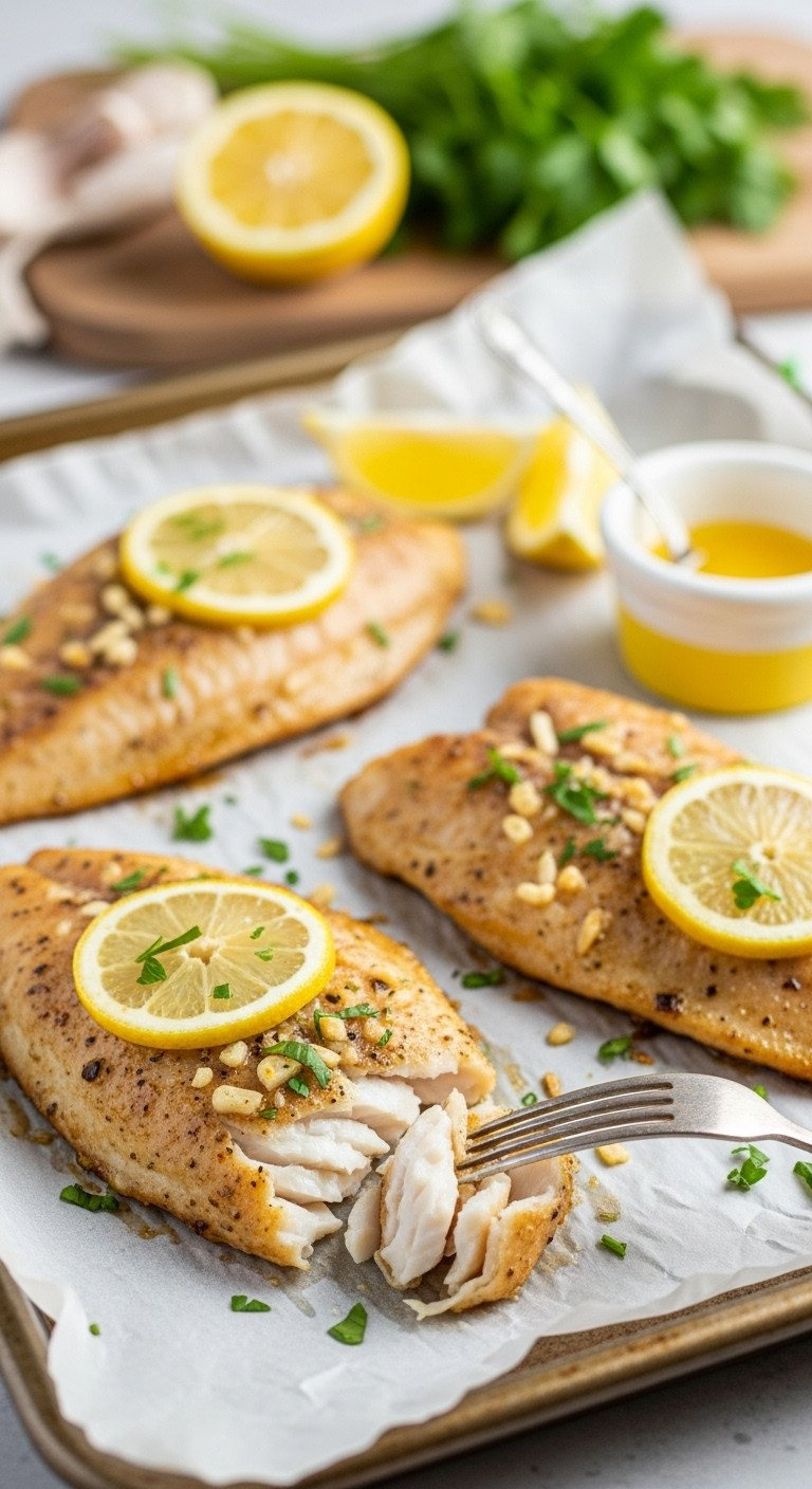 Oven-Baked Golden Tilapia Fillets With Garlic Butter And Lemon Slices On Parchment Paper, One Flaked With A Fork, Warm Kitchen Background.