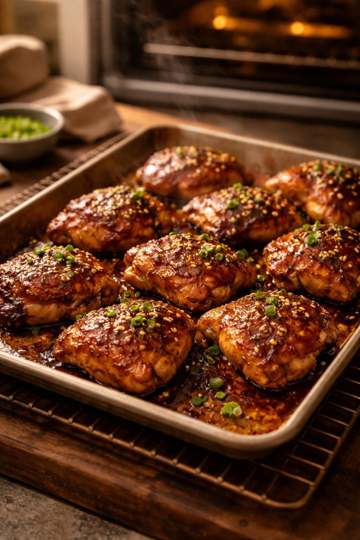 Oven-Baked Soy Garlic Chicken Thighs With Caramelized Bubbly Glaze On Metal Baking Sheet With Steam Rising.