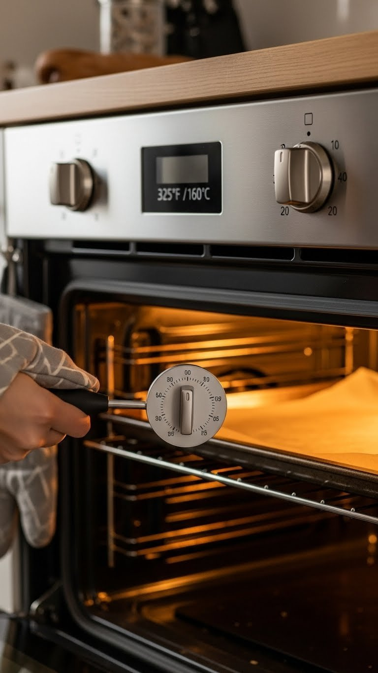 Oven Dial Set To Lower Baking Temperature With Timer And Kitchen Mitt Suggesting Controlled Baking Process