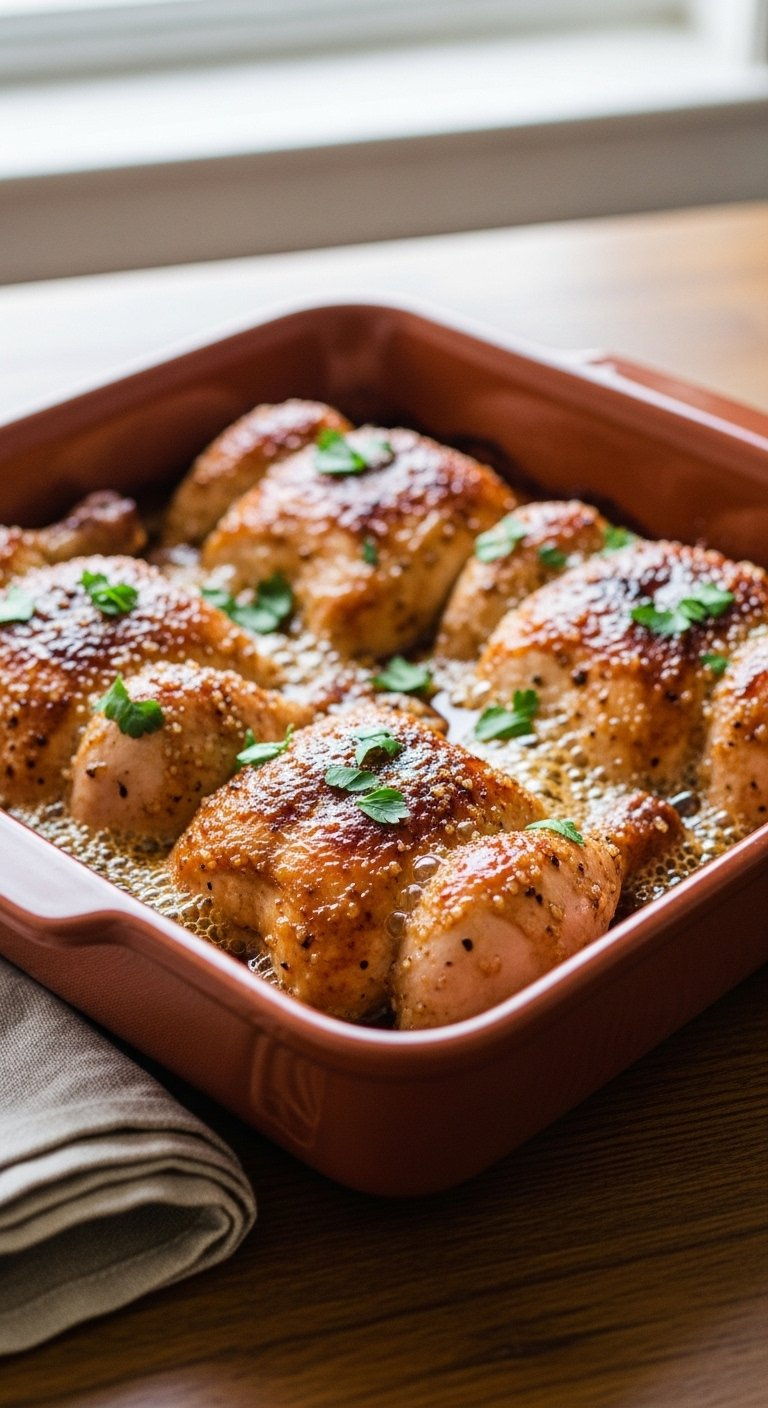 Oven-Roasted Garlic Brown Sugar Chicken In A Terracotta Baking Dish Garnished With Fresh Parsley On Wood.