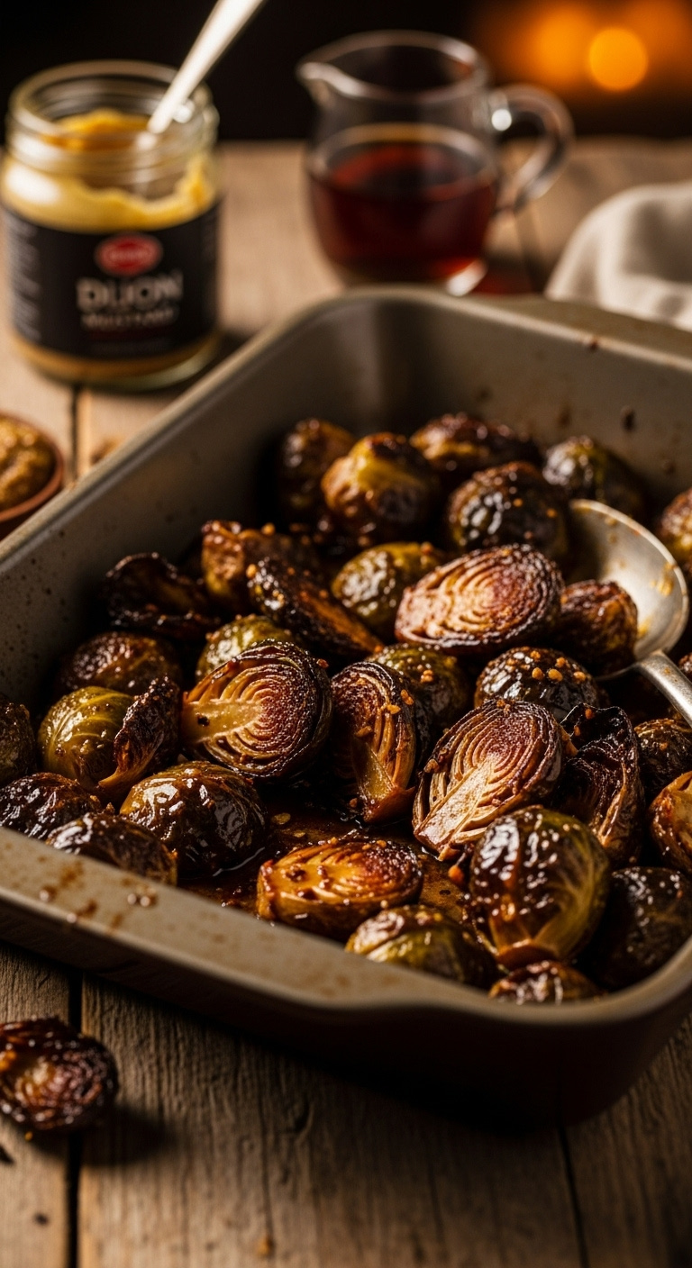 Oven Roasted Maple Dijon Brussels Sprouts With Sticky Glaze In A Rustic Baking Dish On A Wooden Table