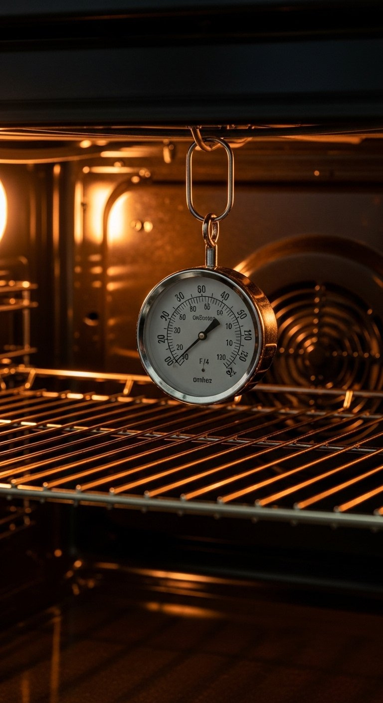 Oven Thermometer Dial Hanging From A Rack Inside A Preheating Oven With A Glowing Heating Element In The Background.
