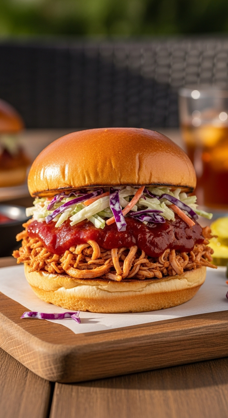 Overflowing Crockpot Bbq Shredded Chicken Sandwich With Creamy Coleslaw On A Brioche Bun With Pickles And Iced Tea